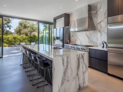 Stylish kitchen featuring marble countertops, stainless steel appliances, and a large island with bar stools in a contemporary setting