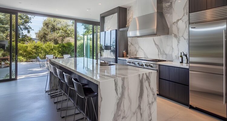 The Home Features Buyers Notice Within the First 30 Seconds Stylish kitchen featuring marble countertops, stainless steel appliances, and a large island with bar stools in a contemporary setting
